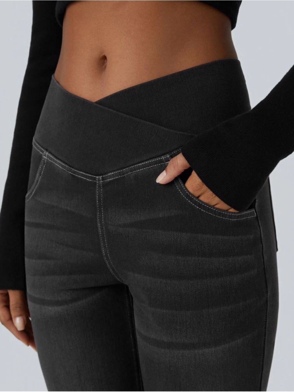 Halara Flex™ High Waisted Crossover Pocket Washed Blk Casual Flare Jeans, size L - Picture 5 of 12